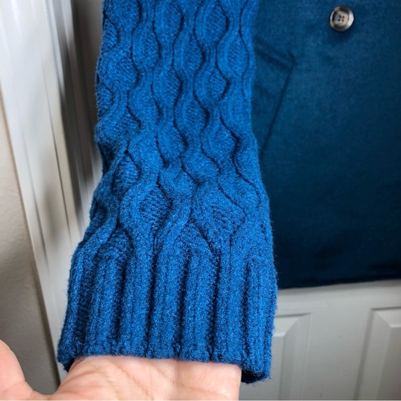 Ann Taylor Wool Blend Mixed Media Breasted Buttoned Blue Cable Cardigan LP - Picture 5 of 16